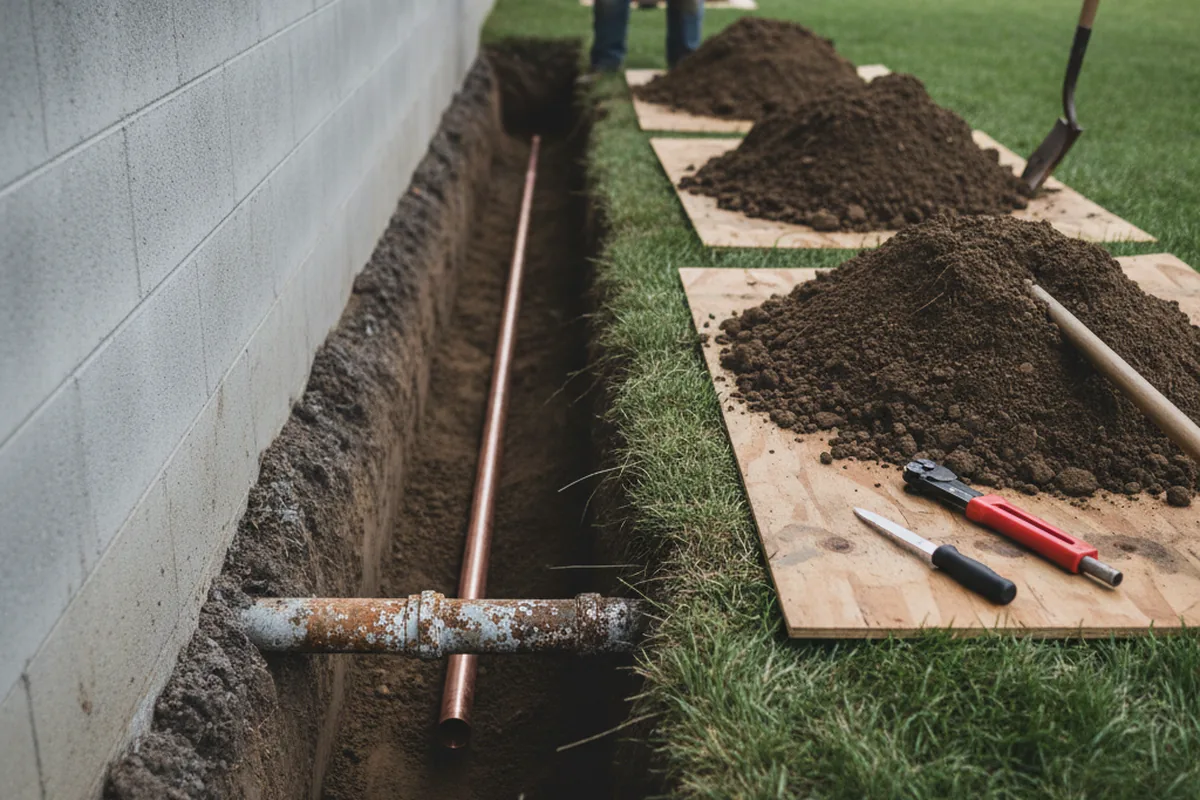 Excavated water line trench during Water Softener Installation in Unionville